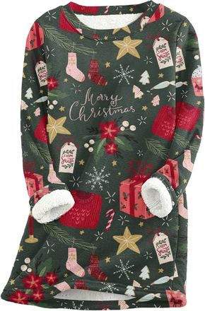 Generic Ladies Winter Warm Sweatshirt Thick Fleece Tops Christmas Featured Womens Lambswool Composite Fleece Crew Neck Long Sleeve Sweatshirt | A Warm Choice 