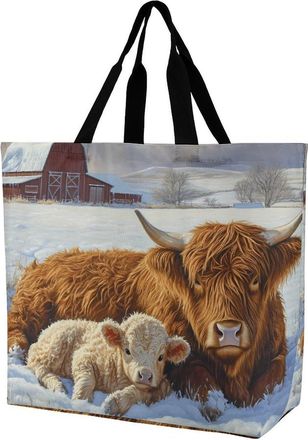 Generic Highland Cow And Little Farmhouse Reusable Shopping Bags One Shoulder Grocery Tote Bag Waterproof Big Purse for Work Travel