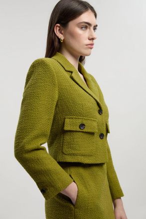 Karen Millen Womens Textured Tweed Pocket Front Tailored Cropped Jacket - Green Cotton - Size 16 UK