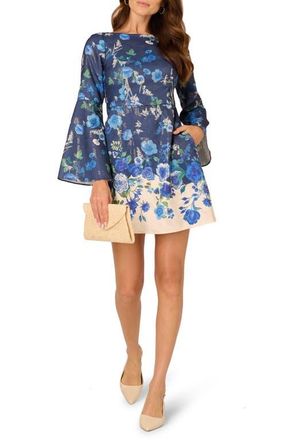 Adrianna Papell Floral Long Sleeve Fit & Flare Minidress in Navy Multi at Nordstrom, Size 16