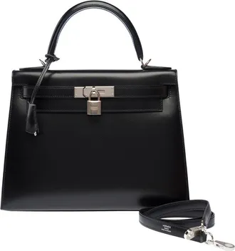 Herm&egrave;s Black Leather Kelly 28 Handbag (Authentic Pre-Loved)