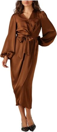 Notre-V Bruine Midi Jurk voor Herfst/Winter - Dames - Wikkelkleedje - Bruin - XS - Polyester - Kleedjes