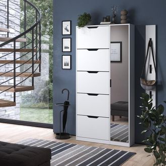 Vicco Zapatera Abatible Luca, Blanco, 90 X 180.5 Cm Con 5 Compartimentos Basculantes Y Espejo, Vicco