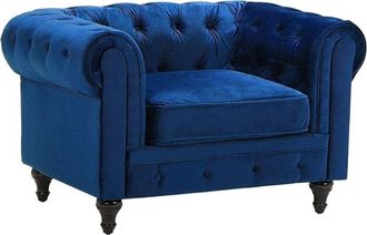 Beliani Beliani - Sill&oacute;n Tapizado De Tela De Terciopelo Azul Patas De Madera Oscura Contempor&aacute;neo Chesterfield