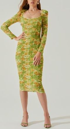 ASTR the Label Yelina Floral Long Sleeve Ruched Dress in Lime Yellow at Nordstrom Rack, Size X-Small