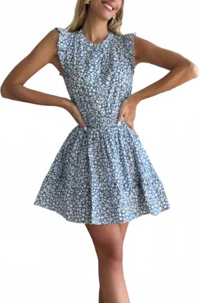 Mint Dreamy Daisy Flutter Sleeve Mini Dress In Blue And White Floral Print