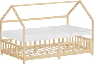 ML Design Ml-design Cama Infantil 120x200 Cm Natural Forma De Casa Con Colch&oacute;n, Protecci&oacute;n Antica&iacute;da, Techo Y Somier, De Madera Maciza De Pino, Lecho Doble Mont