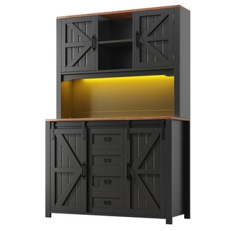 STILVORA Credenza Cucina Alta Con Ante Scorrevoli, 2 Cassetti, Ripiani Regolabili E Led Per Cucina, In Mdf E Metallo, 115x40x174,7 Cm, Nero