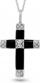 Allurez 0.19ct 14k White Gold Diamond & Onyx Cross Pendant Necklace