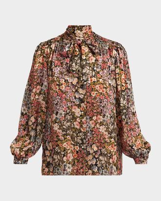 Valentino Garavani Floral Metallic Crinkle Satin Bow-Neck Blouse