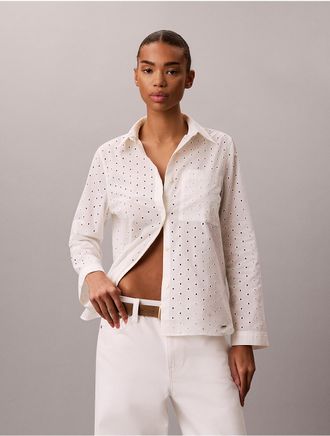 Calvin Klein Womens Broderie Anglaise Button-Down Shirt - White/Natural - XS