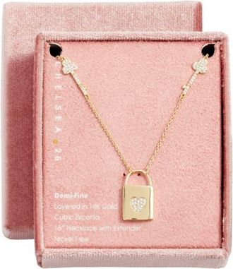 Chelsea28 Pav&eacute; Cubic Zirconia Locket Pendant Necklace in Clear- Gold at Nordstrom