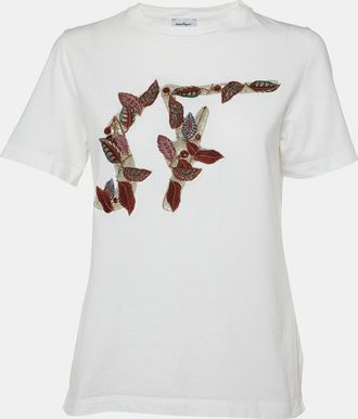 Ferragamo White Logo Embroidered Cotton Crewneck T-Shirt