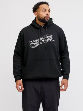Jack & Jones Plus Size Kapuzensweatshirt JCOFUSION BRANDING SWEAT HOOD PLS, Herren, Gr. 4XL, schwarz, angeraute Sweatware, Obermaterial: 70% Baumwolle, 30% Polyester, JACK &
