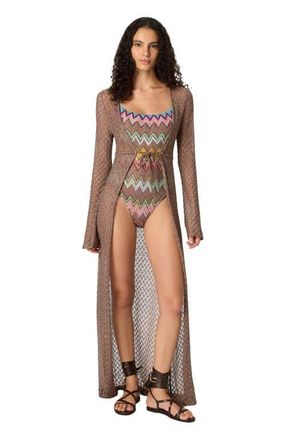Missoni Long Cardigan In Lam&eacute; Viscose With Spiderweb Motif in Brown at Nordstrom, Size 46 It