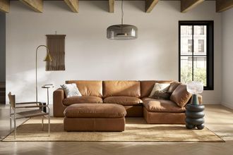 Castlery Brown Top Grain Leather Right Chaise Sectional Sofa with Ottoman | Dawson by Castlery, Brown, Castlery