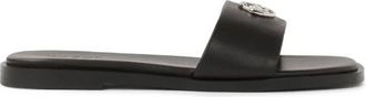 Kazar Zwarte leren slippers met zilveren monogram - Dames - Sandalen - Zwart - 38 EU - Leer - Schoenen