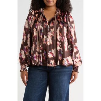 Treasure & Bond Pintuck Satin Top in Brown Flower Wash at Nordstrom Rack, Size 2X
