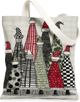 Generic Christmas Tree Canvas Tote Bags, Festive Holiday Pattern Reusable Bags, Vintage Chic Lightweight Washable Canvas for Shopping Travel Beach 13x15 Inch