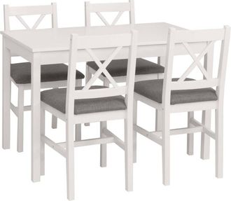 Hhg [nunca Usado] Conjunto De Comedor Hhg-619, Conjunto De Comedor, Madera Maciza De Pino, Tela R&uacute;stica, 110 Cm, Blanco, Tapizado Gris