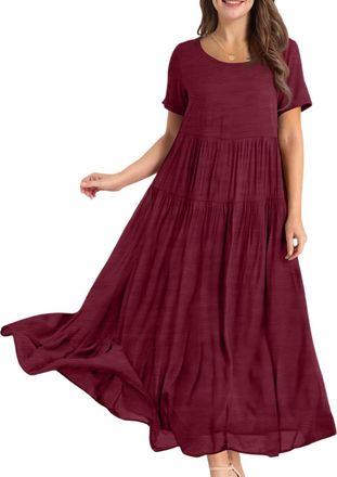Generic Women Summer Dresses Cotton Casual Bohemian Short Sleeve Floral Long Maxi Swing Sun Dress Plus Size Beach Cover Up for Vacation Nightwear, Wine, XXL