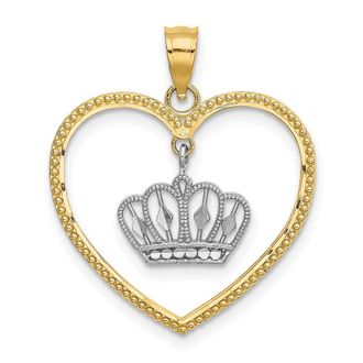 Diamond2Deal 14k Yellow Gold White Rhodium Beaded Heart with Dangling Crown Charm Pendant