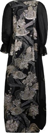 Alberta Ferretti Lange jurk met pofmouwen en borduursels - Dames - Maxi kleedjes - Zwart - S - Polyester - Kleedjes