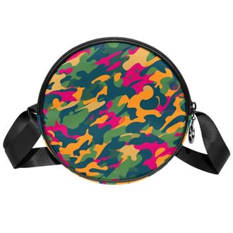 Generic Circle Crossbody Bag for Women, Colorful Camouflage Small Sling Bag Daypack with Zipper Adjustable Shoulder Straps Casual Ladies Girls Round Purse