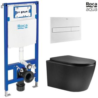 Roca Bastidor Roca Duplo Con Cisterna Empotrada Y Pulsador Pl7 Blanco Mate Con Inodoro Suspendido Nebula Black Mate Rimless