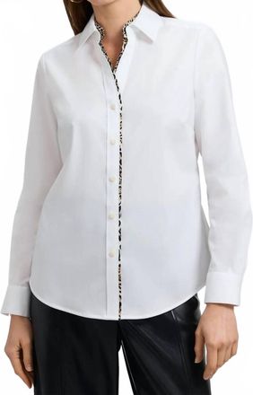 Foxcroft Leopard Trim Long Sleeve Shirt In White/brown