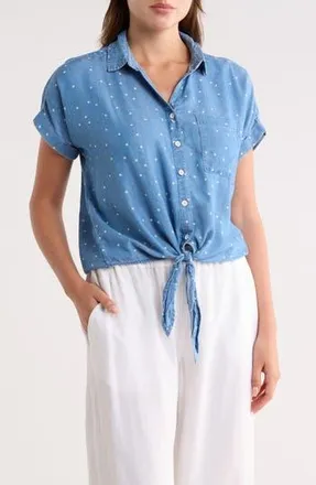Beach Lunch Lounge Rosie Short Sleeve Button Down Tie Front Shirt in Starship at Nordstrom Rack, Size X-Large