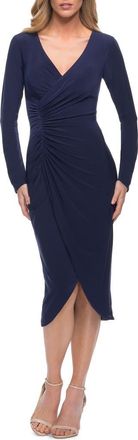 La Femme Long Sleeve Knee Length Dress with Wrap Style Skirt in Navy at Nordstrom, Size 4