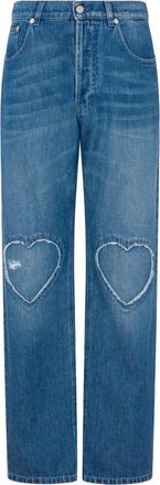 Moschino Straight-Leg Denim Trousers With Frayed Heart Patches