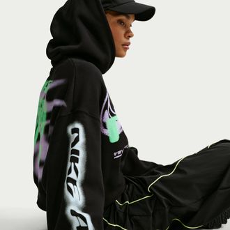 Nike Womens Studio Fleece Medium Weight Cropped Oversized Pullover Hoodie in Black | IV4952-001