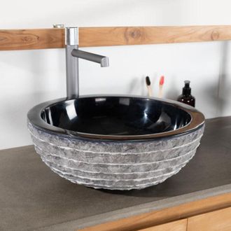 Wanda Collection Lavabo Sobre Encimera Redondo De Piedra Vesubio Negro 40 Cm