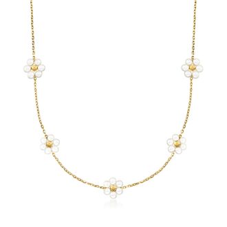 RS Pure by Ross-Simons 3-3.5mm Cultured Pearl Flower Station Necklace in 14kt Yellow Gold