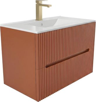 Vente-Unique Mueble de ba&ntilde;o estriado suspendido con lavabo encastrado y grifo - Terracota - 80 cm - PAVANI