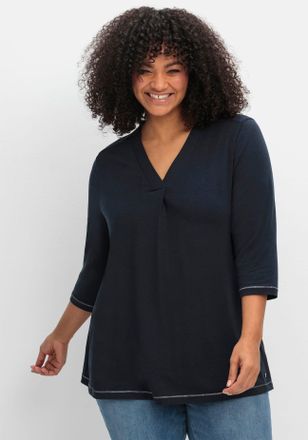 Sheego 3/4-Arm-Shirt SHEEGO 3/4-Arm-Shirt, Damen, Gr. 40/42, blau (tiefblau), 63% Lyocell TENCEL, 31% Bambus, 6% Elasthan, unifarben, V-Ausschnitt, Shirts 3/