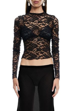 Lioness Hamptons Floral Lace Long Sleeve Top in Noir at Nordstrom, Size Medium