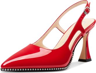 Castamere Womens Slingback Chunky High Heels Close Pointed Toe Dressy Pumps Wedding Party Shoes 9 CM Heels Red 6.5 UK