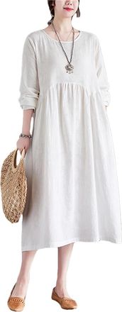 Generic Women Spring Autumn Long Sleeve Vintage Solid Dresses for Cotton Casual Elegant Dress Femme Robe Clothes, White, M