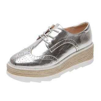 Generic11 Womens Platform Creepers - Solid Color Brogue Low-Top Lace-Up Casual Anti-Skid Durable Fashion Daily Silver Shoes
