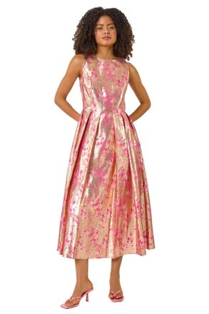 DUSK Womens Metallic Jacquard Midi Dress - Pink - Size 10 UK