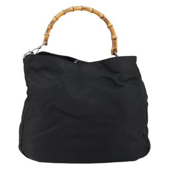 Gucci Vintage Bamboo Handle Open Hobo Nylon Black Nylon Handbag (Pre-Owned)