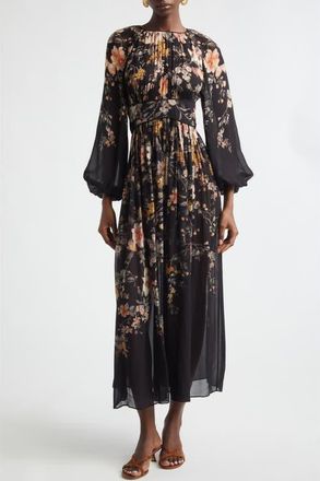 Zimmermann Kindred Spirit Carousel Floral Long Sleeve Midi Dress in Black Songbird at Nordstrom, Size 0