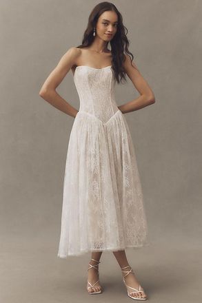 Watters Serge Strapless Basque-Waist Lace Midi Dress