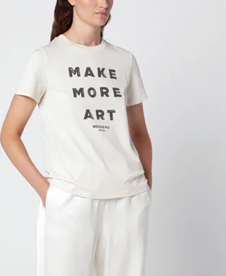 Max Mara T-shirt color panna in cotone con stampa logo