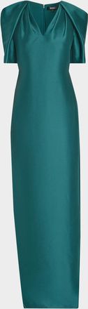 Badgley Mischka Cape-Sleeve Mikado Column Gown