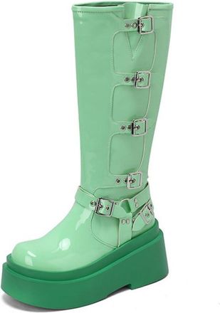 Generic Womens Patent Leather Platform Boots with Buckle Round Toe Knee High Boots Block Heel Gothic Punk Boot,Green,2.5 UK