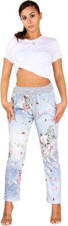 Generic Faozo Womens Italian Printed Turn Up Trouser - Ladies Floral Elasticated Waistband Causal Summer Drawstring Pant with Side Pockets Gym Running Workout